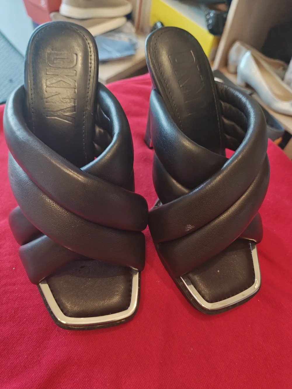 DKNY Black Padded Crossover Strap High Heel Mules 6